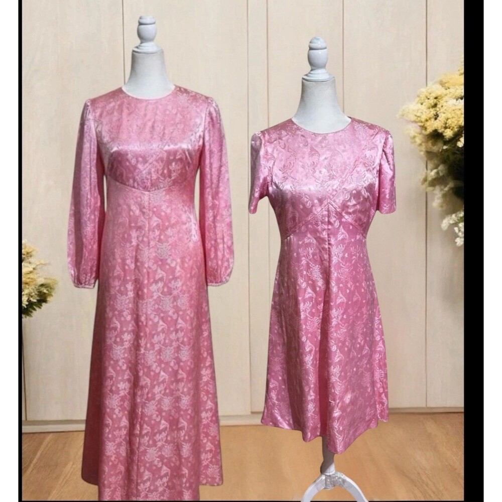 VTG 1950s Satin Jacquard Dress Korean Set Maxi Midi Peony Floral Pink Size L